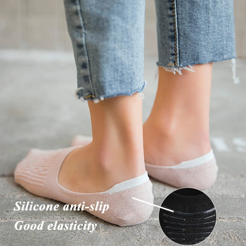 5 Pairs Women Cotton Low Cut Socks Solid Snowflake Softable Summer Silicone Non-slip Deep Mouth Prevent Heel Loss Slipper Socks