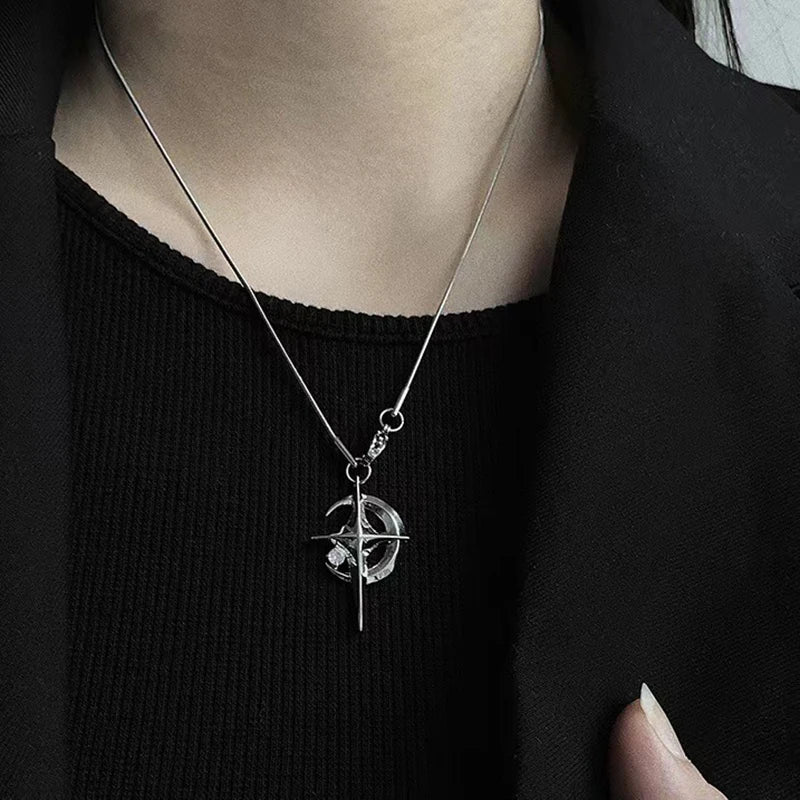 JWER New Y2K Cuban Figaro Chain Star Moon Pendant Necklace Men Punk Black Zircon Chain Choker Necklace For Men Jewelry Gifts