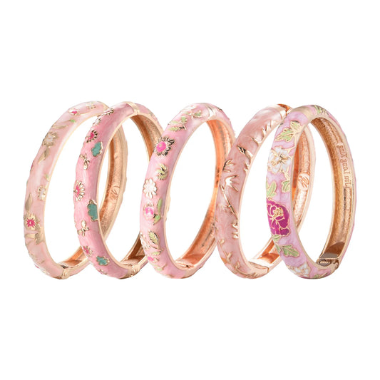 Women's Bracelets Set Bangle On Hand Hinge Enamel Cloisonne Bangles For Women Pink Vintage Birthday Gift For Mother