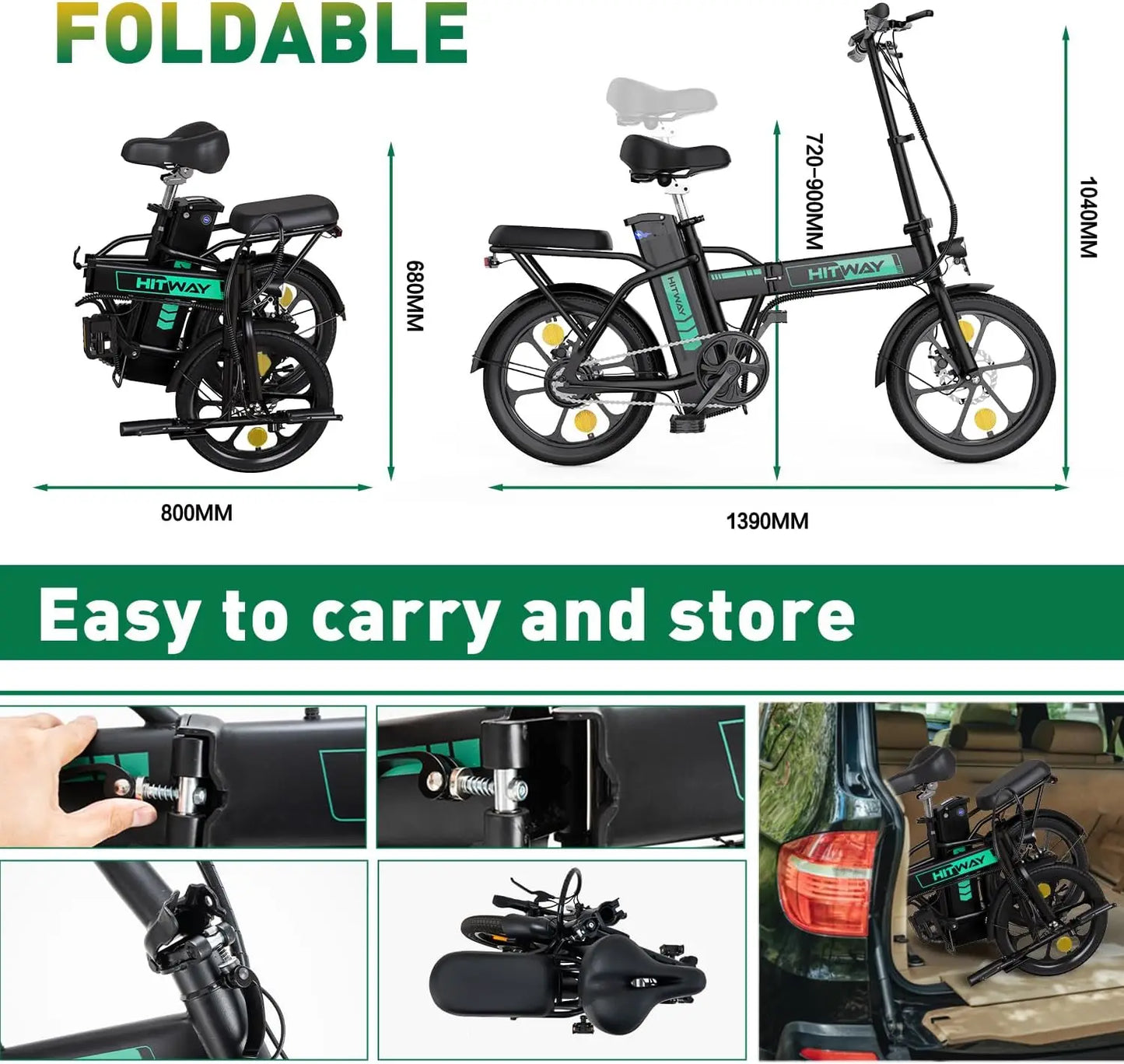 HITWAY Electric bike e-bike foldable city bike Lithium battery 36V/10.4Ah, electric mileage can reach 35-70k