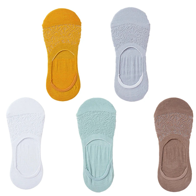 5 Pairs Women Cotton Low Cut Socks Solid Snowflake Softable Summer Silicone Non-slip Deep Mouth Prevent Heel Loss Slipper Socks