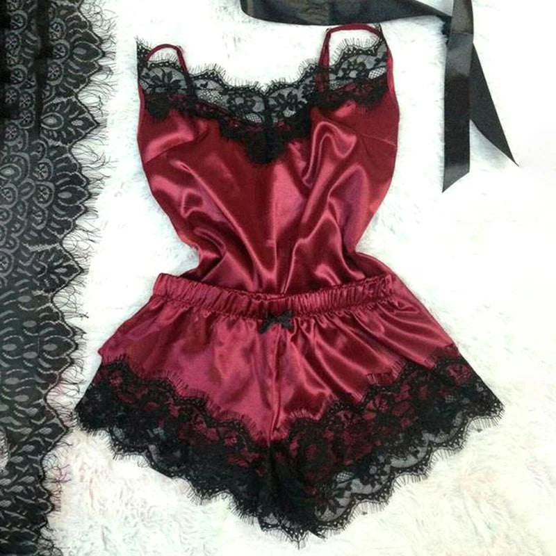 Sexy Women's Lace-trimmed Satin Camisole Set