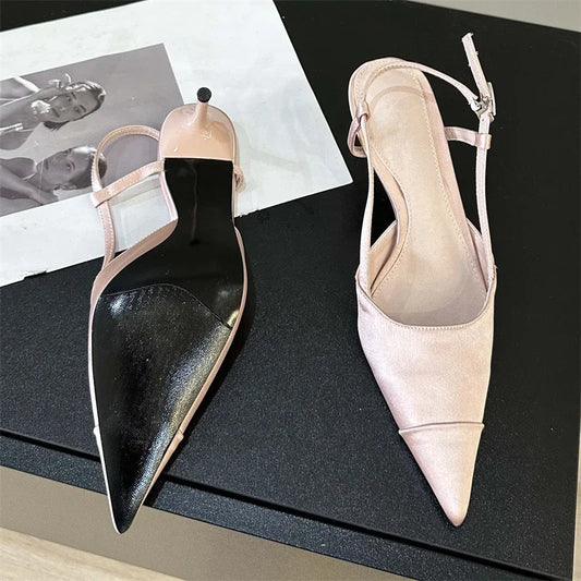 Eilyken High Quality Satin Buckle Strap Women Pumps Sandals Fashion Shallow Thin Heels Pointed Toe Slingback Mules Shoes