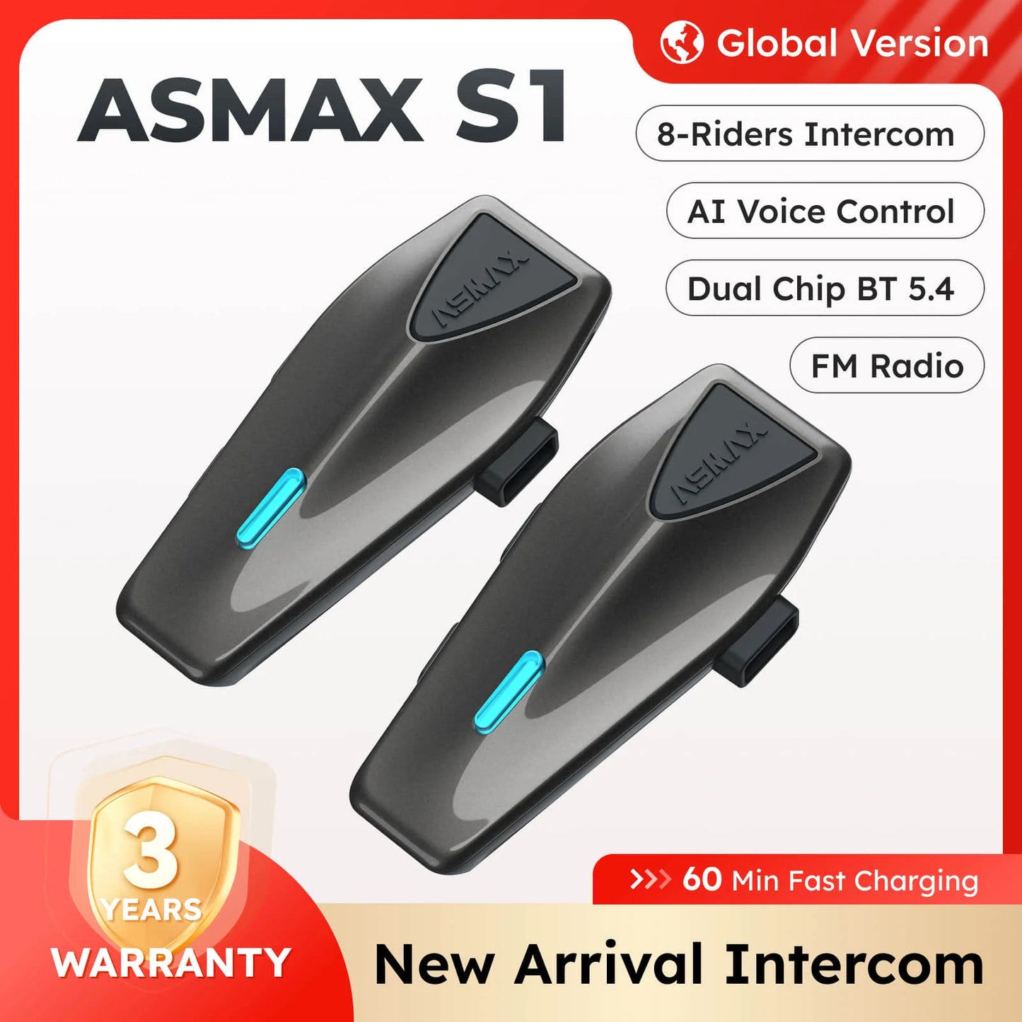 ASMAX S1 Helmet Bluetooth Headset Voice Control Motorcycle Communication Systems 8 Riders Helmet Intercom with FM Radio ENC/IPX7