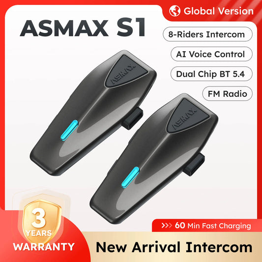 ASMAX S1 Helmet Bluetooth Headset Voice Control Motorcycle Communication Systems 8 Riders Helmet Intercom with FM Radio ENC/IPX7