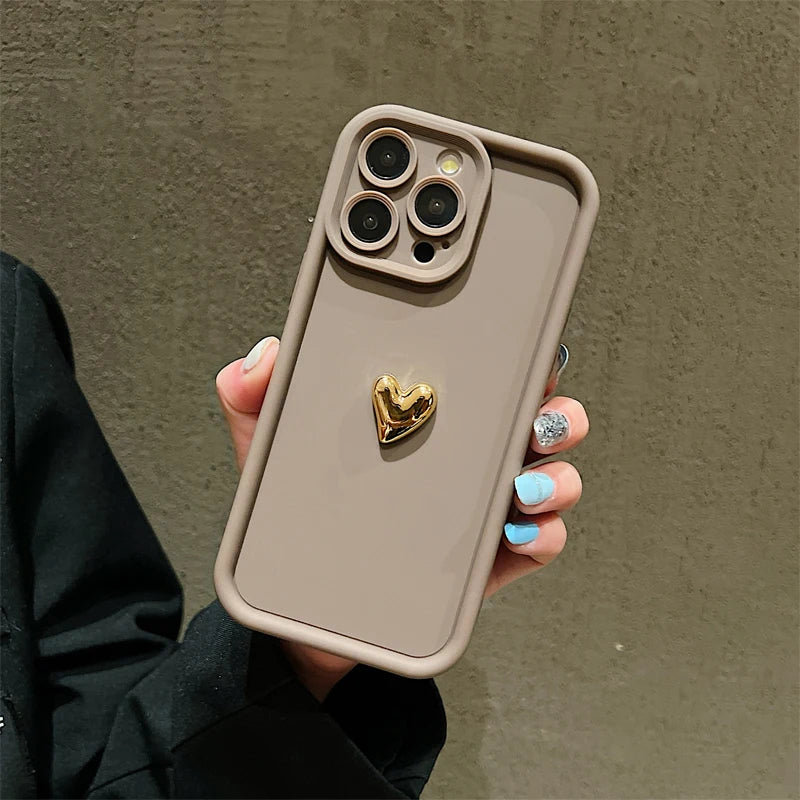 3D Gold Heart Silicone Soft Phone Case For iPhone 15 14 13 12 11 16 17 Pro Max XS XR 7 8 Plus SE Shockproof Candy Matte Cover