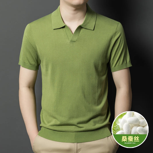 Men's Mulberry Silk Knit Polos 2024 Summer Classic Turn Down Color Lyocell Cotton Knitwear Short Sleeve Thin Knit Tee Shirts