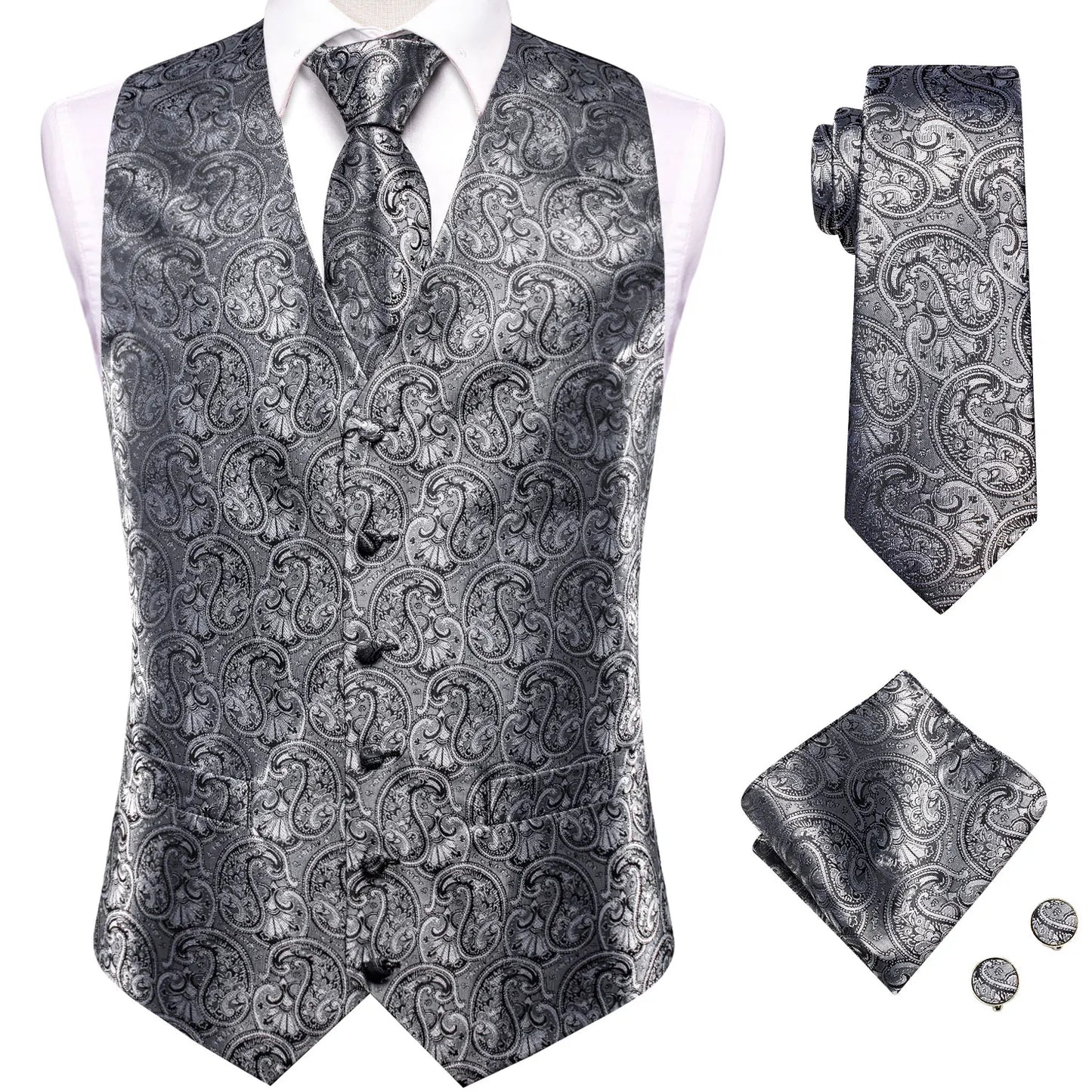 Hi-Tie Brand Silk Mens Vests Grey Black Gold Navy Blue Red Burgundy Jacquard Waistcoat Jacket NeckTie Hanky Cufflinks for Men