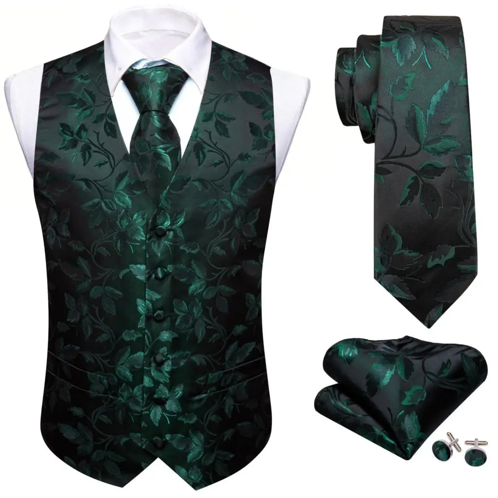 Elegant Silk Vest for Men Red Black Leaves Slim Fit Waistcoat Tie Hanky Cufflinks Set Wedding Business Formal Party Barry Wang