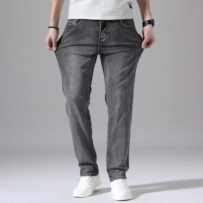 2024 Business Casual Men's Thin Denim Jeans Cotton Stretch Jeans Grey Spring Summer Brand New Fit Straight Lightweight