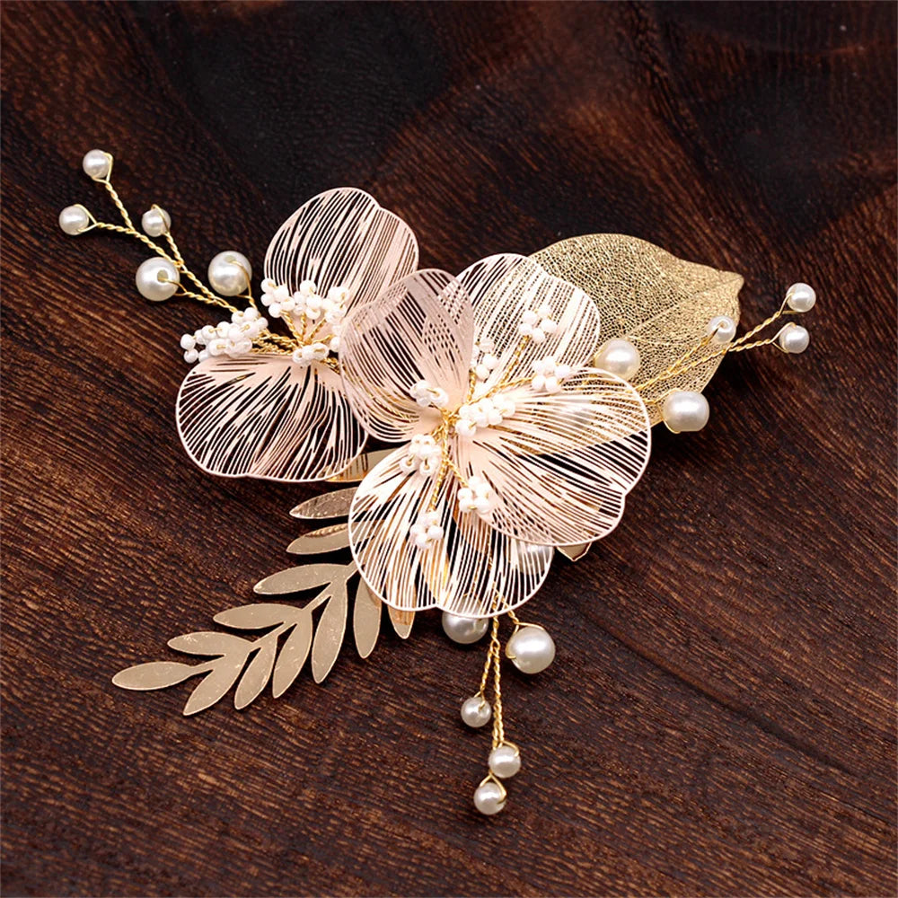 Bride Wedding Hair Combs Gold/Silver Color Alloy Flower Hairpin Clips for Women Birthday Party Headpiece Bridesmaid Hair Jewelry