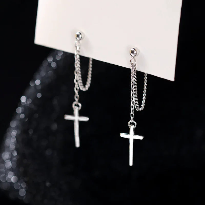 Punk Silver Color Cross Drop Earrings for Women Men Gothic Hip Hop Long Tassel Hanging Earring Jewelry Gift Bijoux