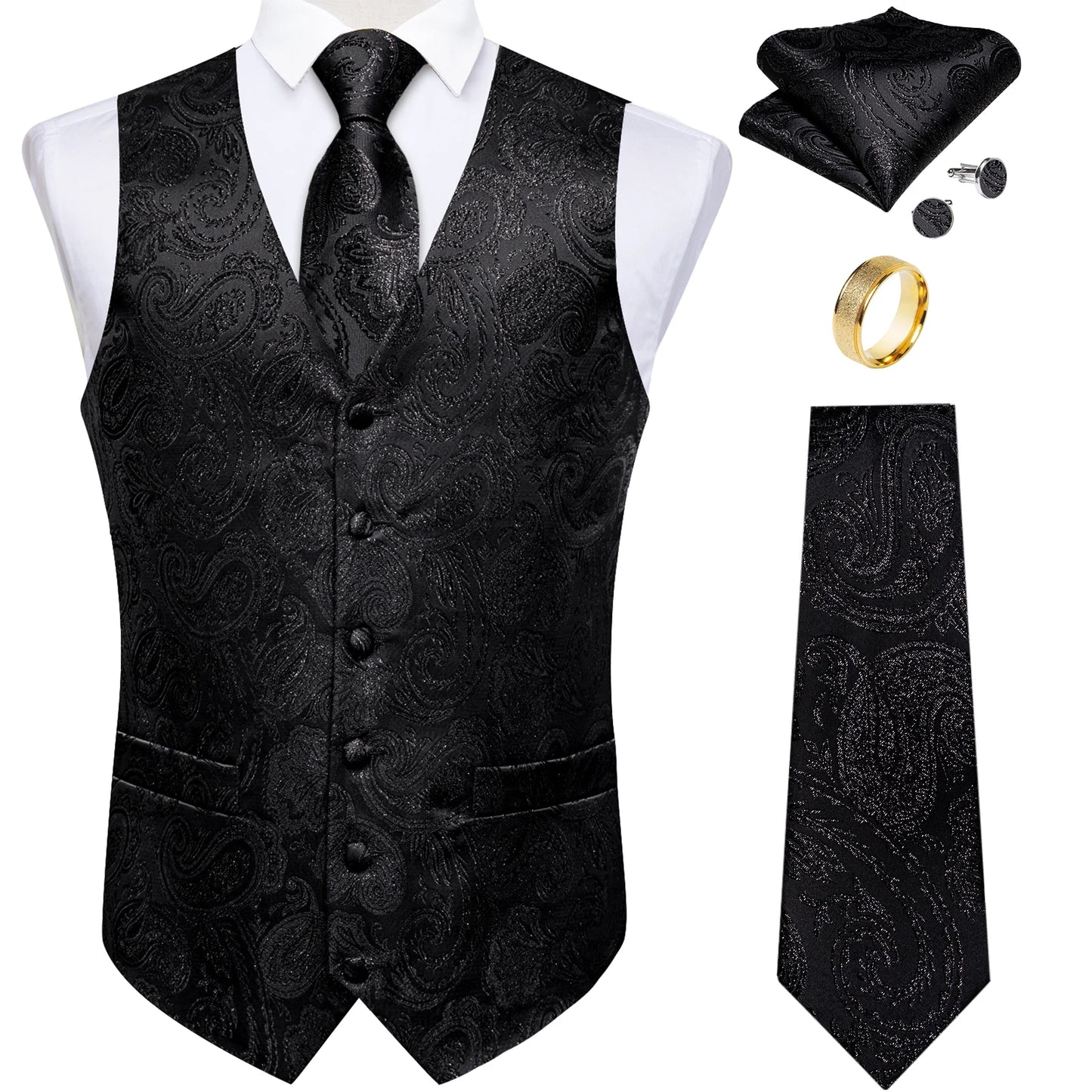 Fashion Green Paisley Vest for Man Business Festival Dress Fit Men's Waistcoat Luxury Silk Necktie Pocket Square Cufflinks Ring
