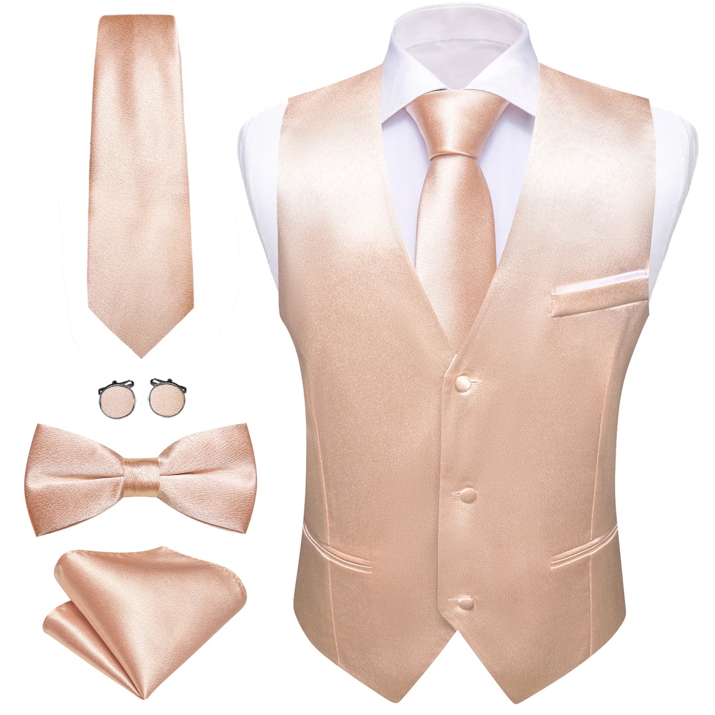 Elegant Vest for Men Pink Solid Satin Waistcoat Tie Bowtie Hanky Set Sleeveless Jacket Wedding Formal Male Gilet Suit Barry Wang