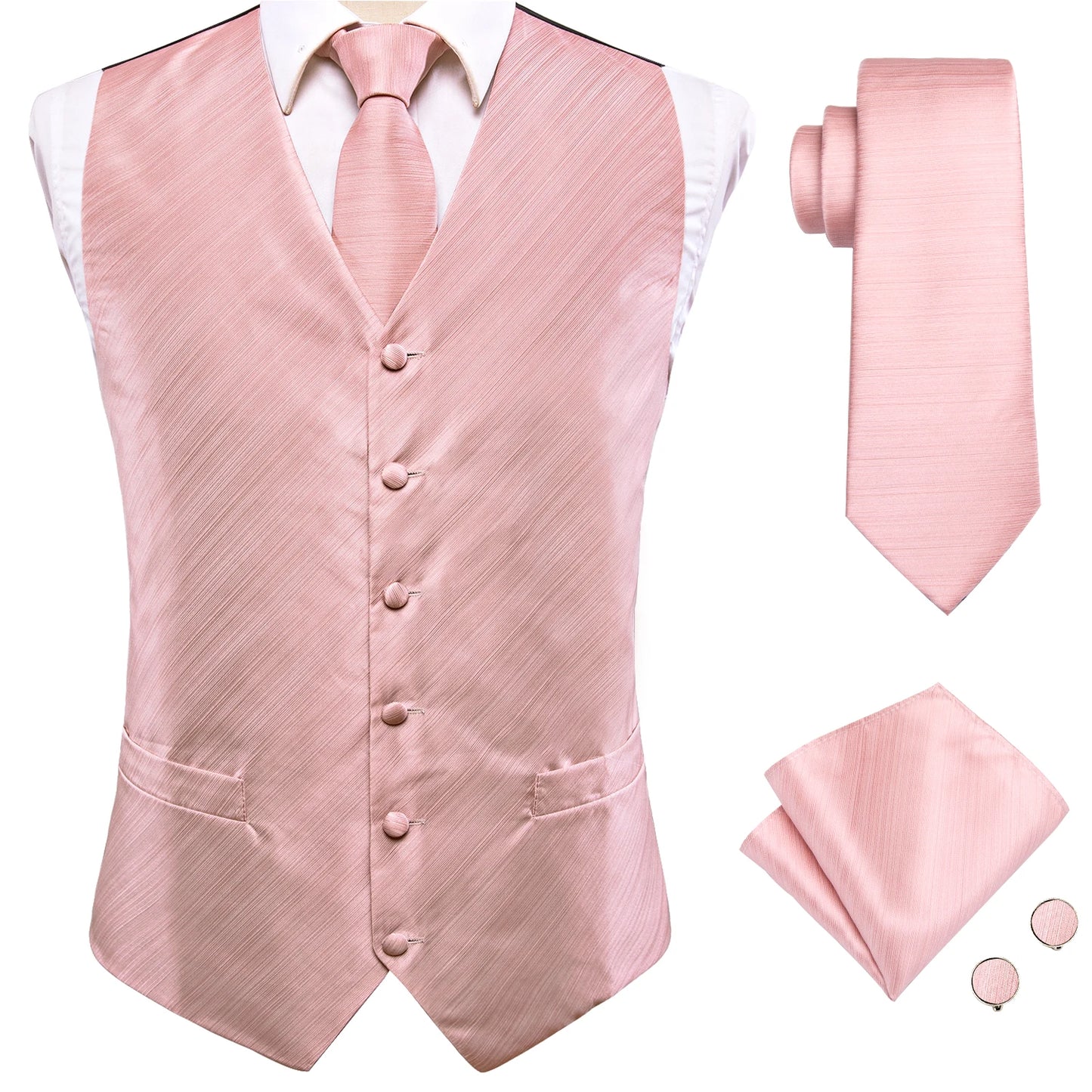 Hi-Tie Wedding Coral Pink Mens Vest Silk Tie Set Adjustable Jacquard Waistcoat Jacket Necktie Hanky Cufflinks Formal Party Gifts