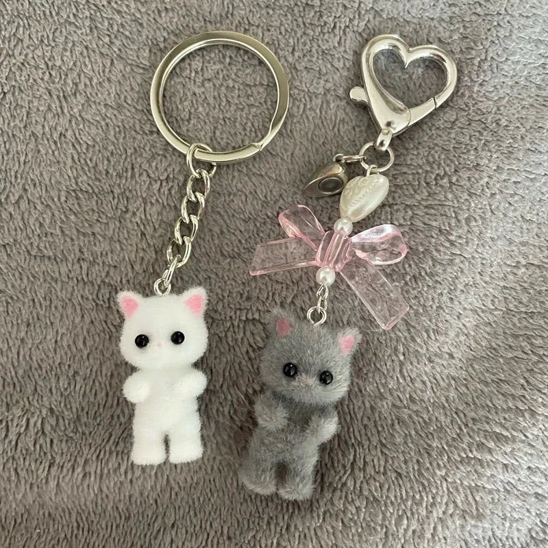 Cute Fuzzy Kitty Cat Heart Bow Keychain, Kitten, Kawaii, Pink Bow, Pearl Heart