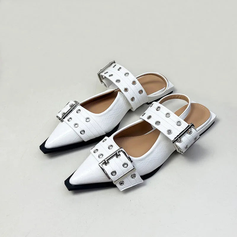 New Sandals Women Flats Shoes Fashion Metal Buckle Shoes 2025 Spring Pointed Toe Shallow Footwear Slingbacks Ladies Sandals