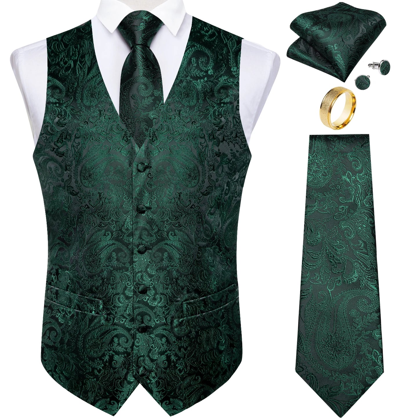 Fashion Green Paisley Vest for Man Business Festival Dress Fit Men's Waistcoat Luxury Silk Necktie Pocket Square Cufflinks Ring
