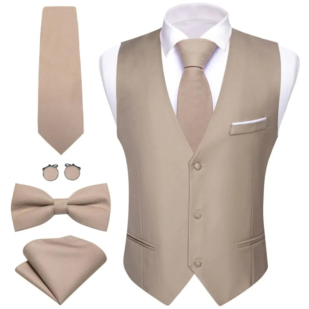 Elegant Vest for Men Pink Solid Satin Waistcoat Tie Bowtie Hanky Set Sleeveless Jacket Wedding Formal Male Gilet Suit Barry Wang