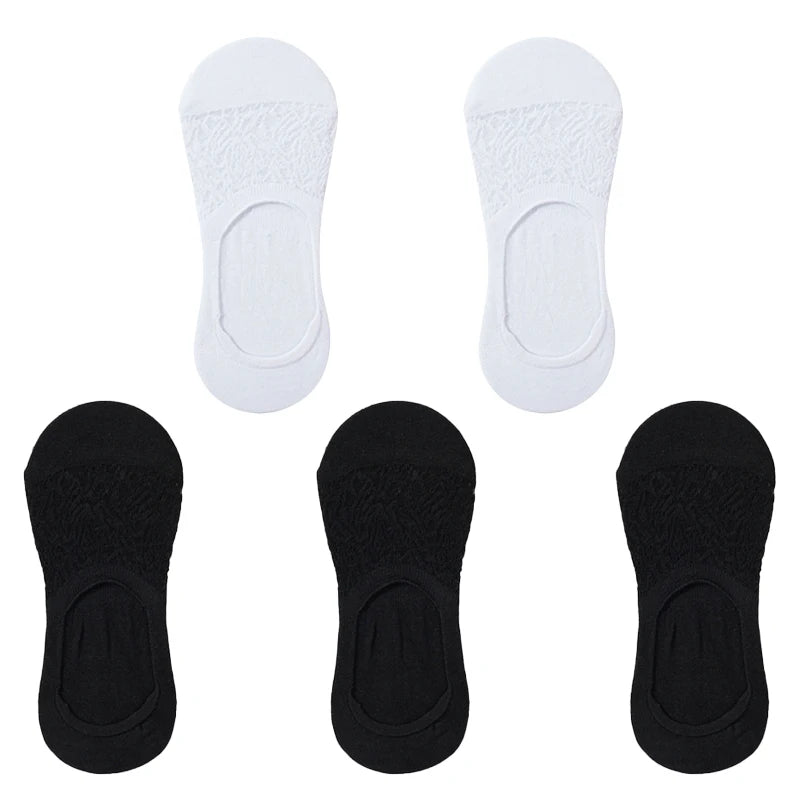 5 Pairs Women Cotton Low Cut Socks Solid Snowflake Softable Summer Silicone Non-slip Deep Mouth Prevent Heel Loss Slipper Socks
