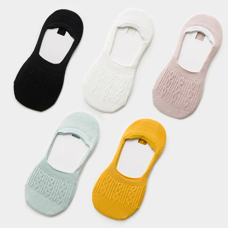5 Pairs Women Cotton Low Cut Socks Solid Snowflake Softable Summer Silicone Non-slip Deep Mouth Prevent Heel Loss Slipper Socks