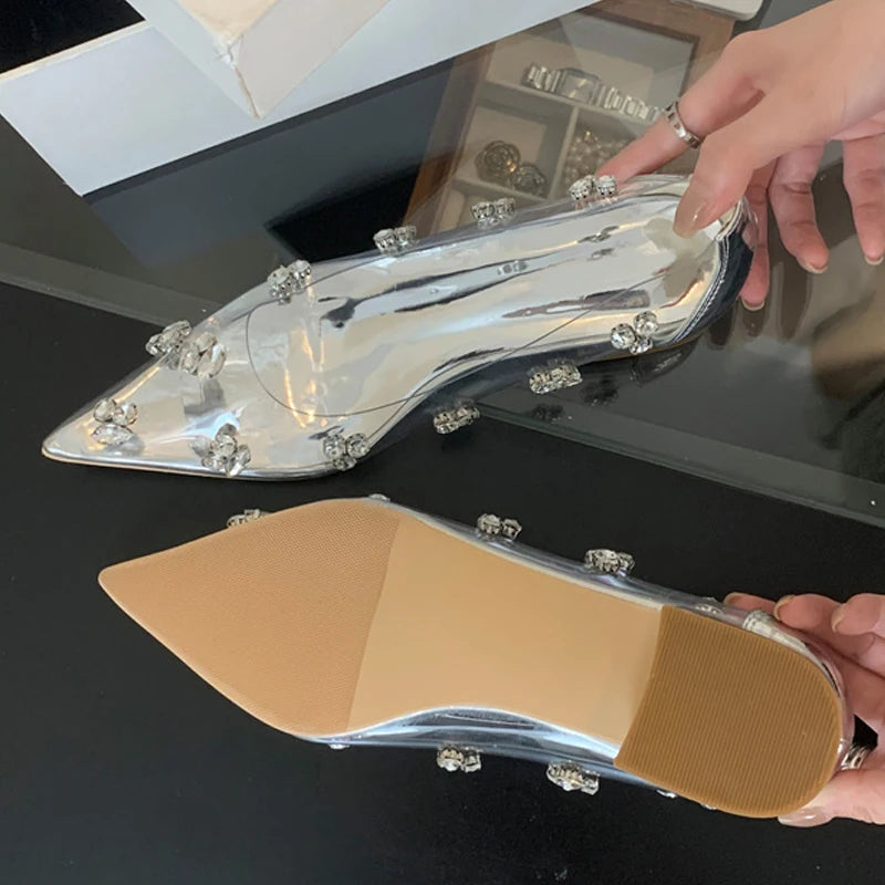 Eilyken Spring Crystal PVC Transparent Women Pumps Fashion Pointed Toe Square Low Heels Sandals Elegant Ladies Shoes