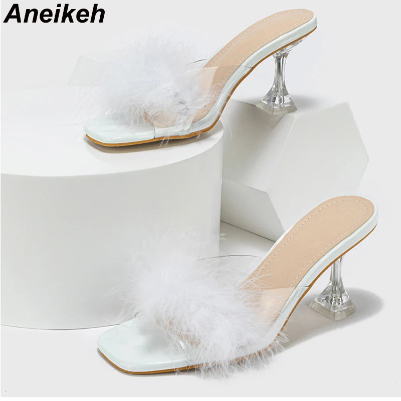 Aneikeh Elegant Sexy Feather Decorative Sandals Slippers Women's Square Head Open Toe PVC Transparent Kitten Heel High Heels