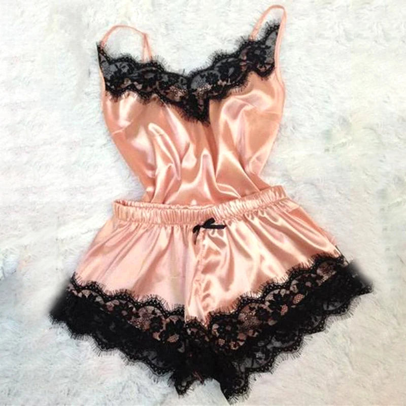 Sexy Women's Lace-trimmed Satin Camisole Set