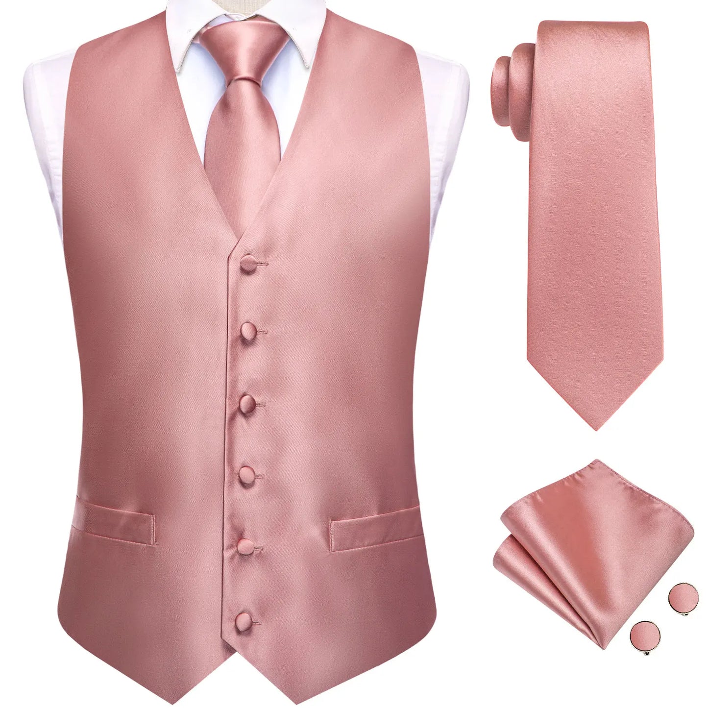 Hi-Tie Wedding Coral Pink Mens Vest Silk Tie Set Adjustable Jacquard Waistcoat Jacket Necktie Hanky Cufflinks Formal Party Gifts