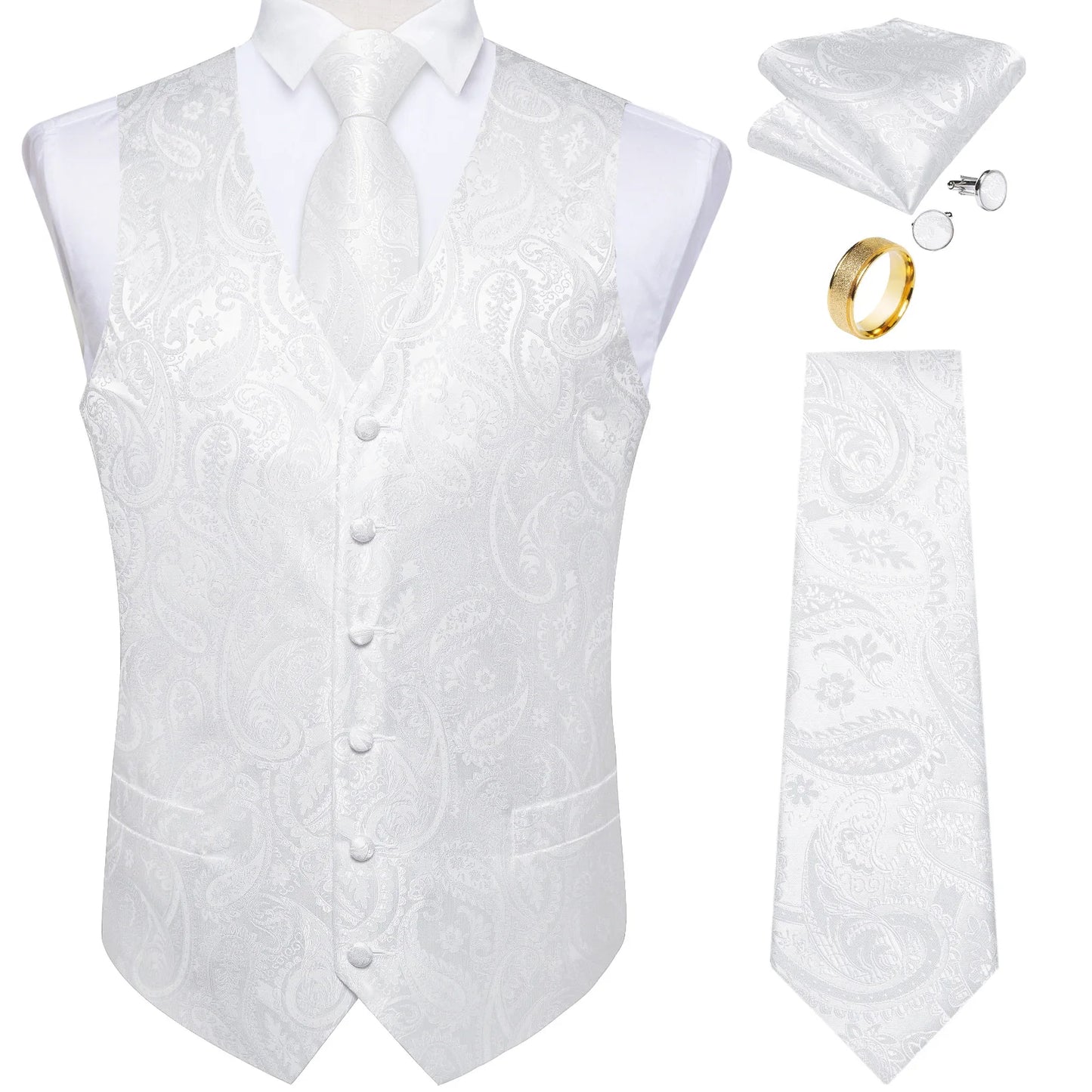 Fashion Green Paisley Vest for Man Business Festival Dress Fit Men's Waistcoat Luxury Silk Necktie Pocket Square Cufflinks Ring