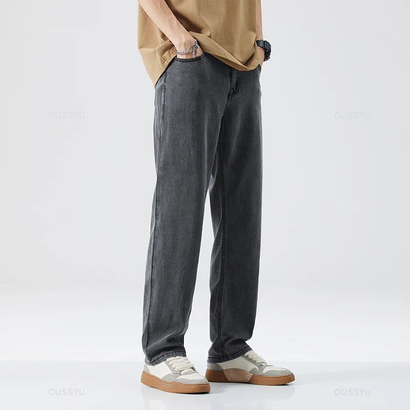 New Summer Thin Soft Lyocell Fabric Men's Jeans Classic Straight Denim Pants Work Wide Leg Casual Trousers Male Big Size 40 42