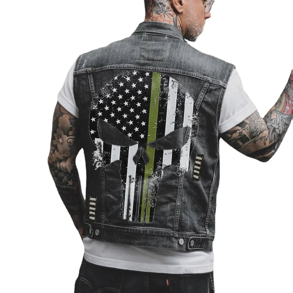 Skull Jean Jacket Men Motorcycle Denim Vest Large Size Spring Summer Streetwear Waistcoat Available 6XL Lugentolo