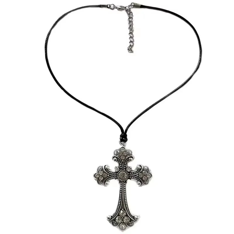 Large Detailed Rhinestone Cross Choker Spiral Hippie Necklace Goth Punk Women Fashion Statement Crucifix Charm Jewelry Gift