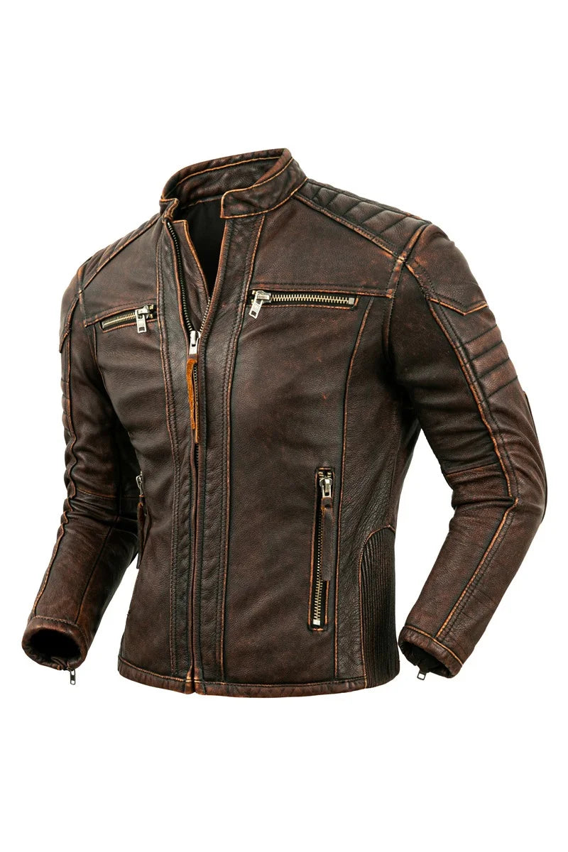 Men's Natural Leather Jacket First Layer Calfskin Stand Collar Motorcycle Jacket Retro Brown Cowhide Jacket Men‘s Biker Clothes