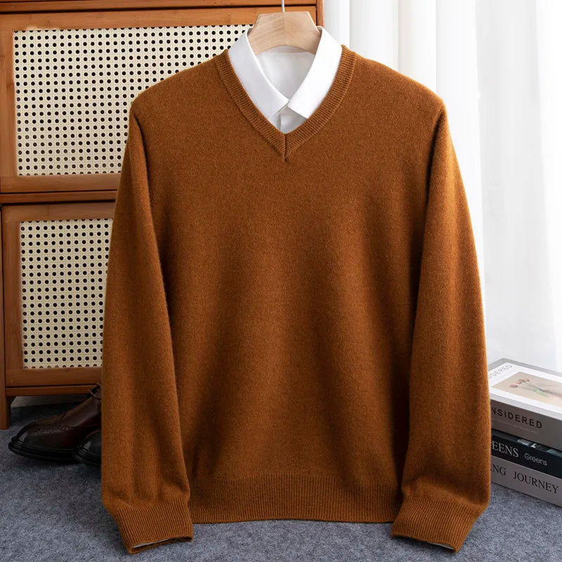First-line of clothing Men 100% Merino Wool Sweater Spring Autumn V- Collar Pullovers Sweater Long Sleeve Soft Knit Basic Tops