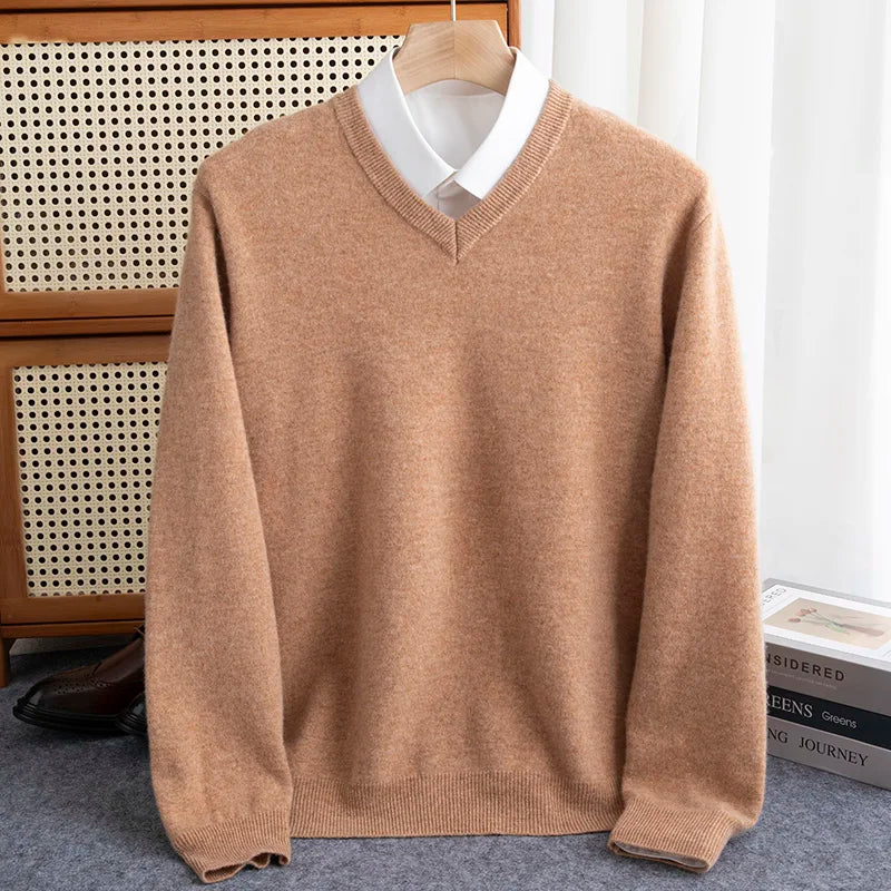 First-line of clothing Men 100% Merino Wool Sweater Spring Autumn V- Collar Pullovers Sweater Long Sleeve Soft Knit Basic Tops