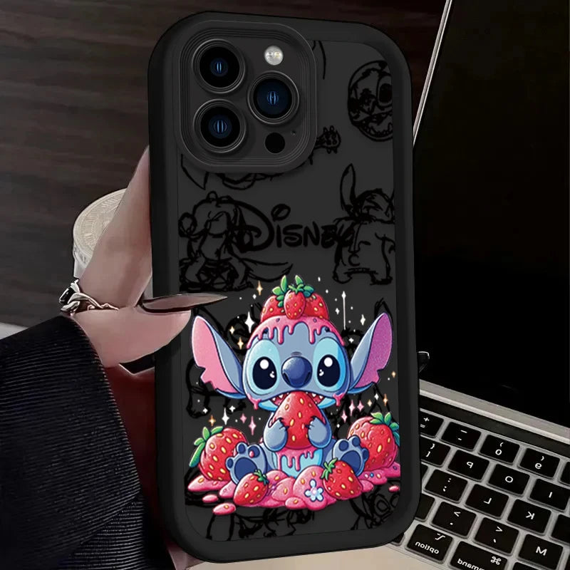 Disney Stitch Strawberry Cute Phone Case For iPhone 16 15 14 13 12 11 Pro Max X XS Max XR 12 13 Mini 8Plus Shockproof Soft Cover