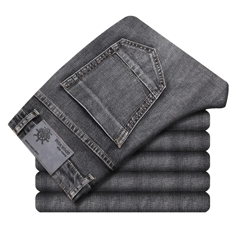 2024 Business Casual Men's Thin Denim Jeans Cotton Stretch Jeans Grey Spring Summer Brand New Fit Straight Lightweight