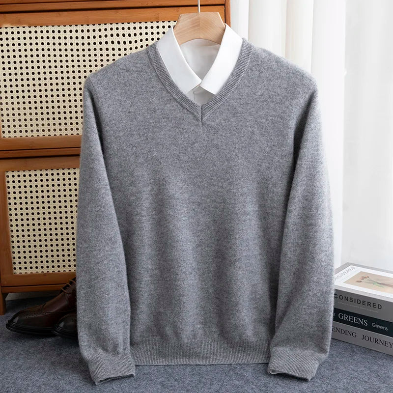 First-line of clothing Men 100% Merino Wool Sweater Spring Autumn V- Collar Pullovers Sweater Long Sleeve Soft Knit Basic Tops