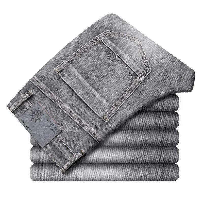 2024 Business Casual Men's Thin Denim Jeans Cotton Stretch Jeans Grey Spring Summer Brand New Fit Straight Lightweight