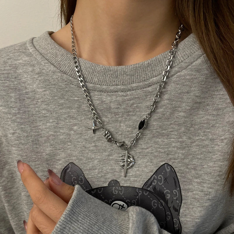 JWER New Y2K Cuban Figaro Chain Star Moon Pendant Necklace Men Punk Black Zircon Chain Choker Necklace For Men Jewelry Gifts