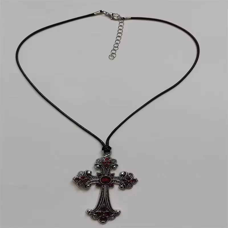 Large Detailed Rhinestone Cross Choker Spiral Hippie Necklace Goth Punk Women Fashion Statement Crucifix Charm Jewelry Gift