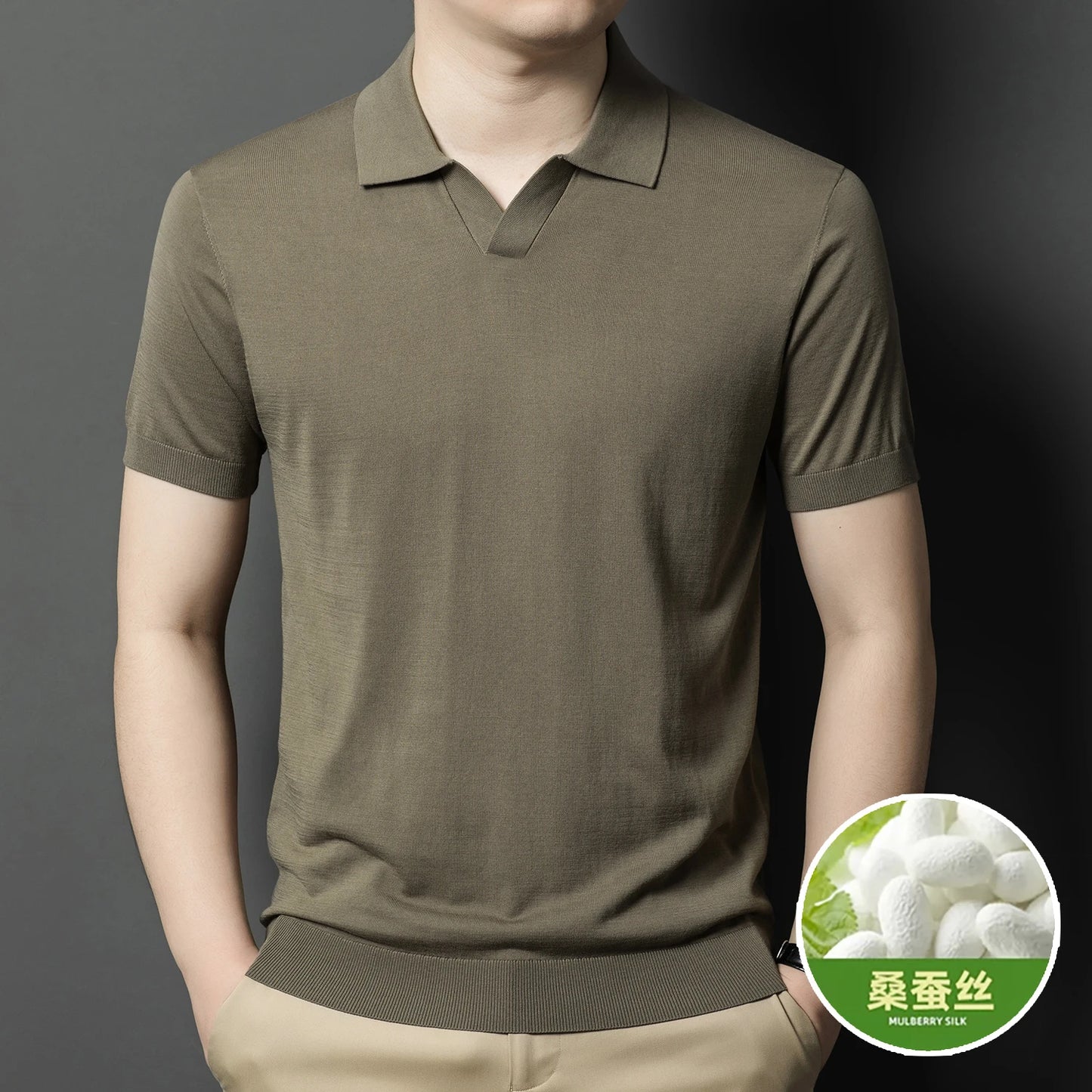 Men's Mulberry Silk Knit Polos 2024 Summer Classic Turn Down Color Lyocell Cotton Knitwear Short Sleeve Thin Knit Tee Shirts
