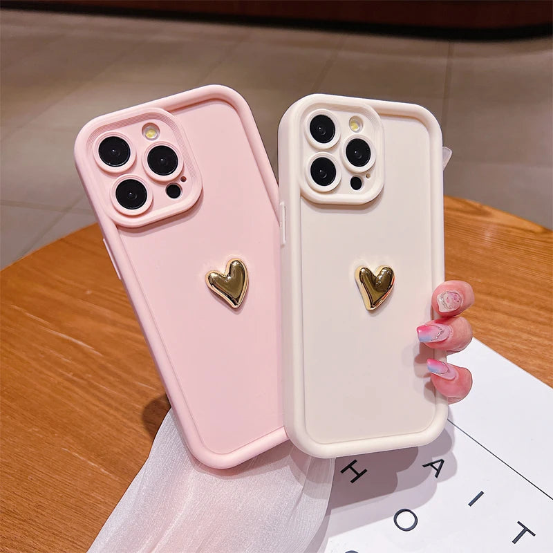 3D Gold Heart Silicone Soft Phone Case For iPhone 15 14 13 12 11 16 17 Pro Max XS XR 7 8 Plus SE Shockproof Candy Matte Cover