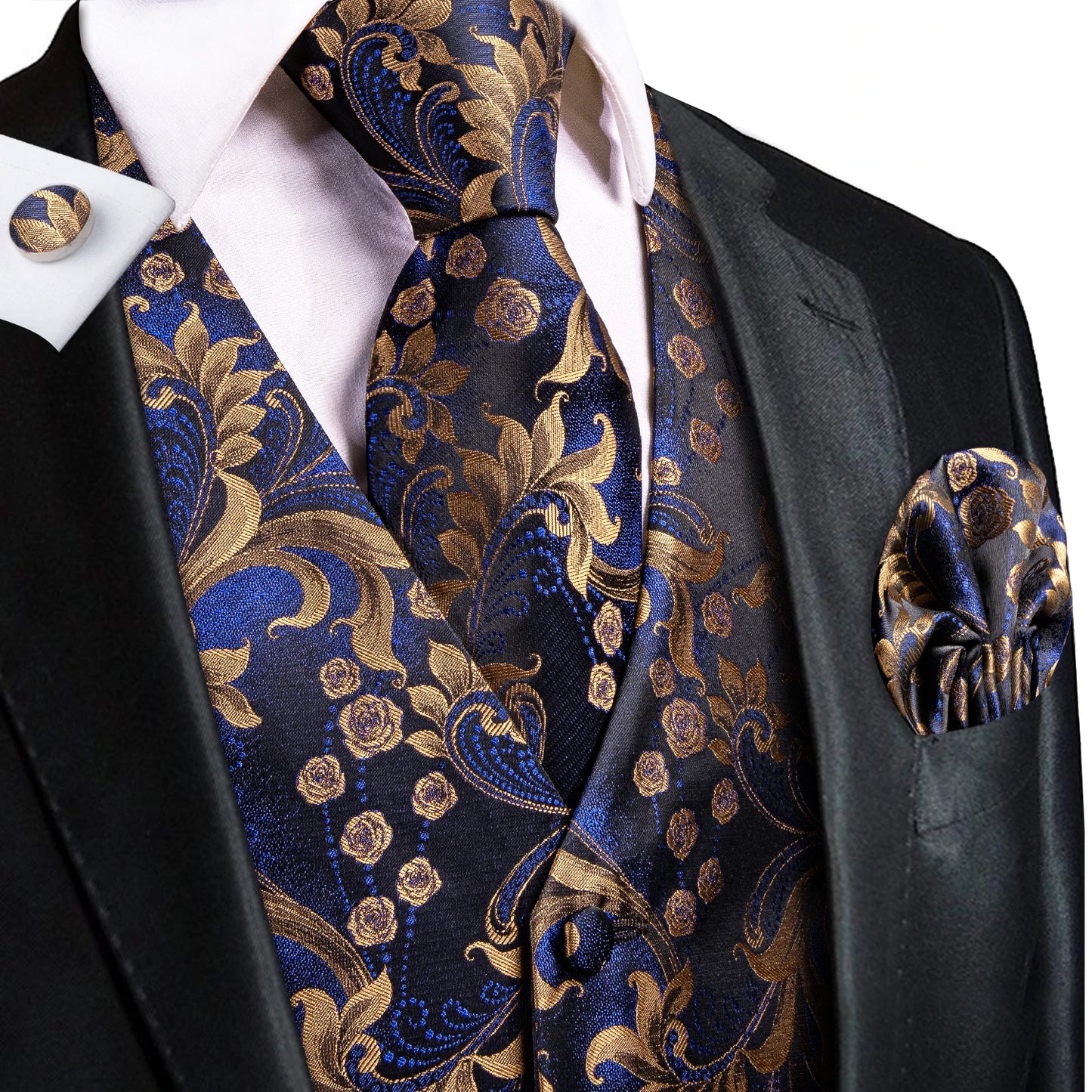 Hi-Tie Silk Ivory Beige Champagne Gold Mens Vests Tie Hankerchief Cufflinks Set Jacquard Vine Waistcoat for Men Suit Dress