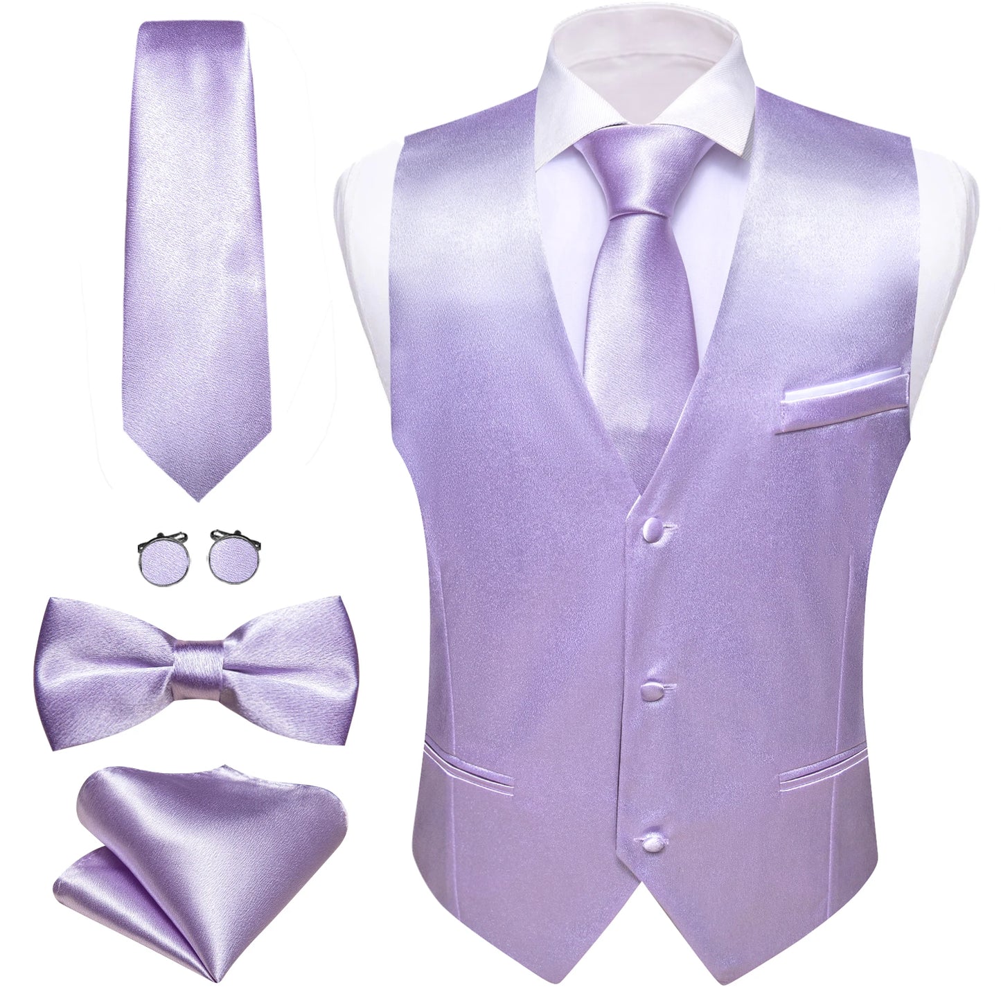 Elegant Vest for Men Pink Solid Satin Waistcoat Tie Bowtie Hanky Set Sleeveless Jacket Wedding Formal Male Gilet Suit Barry Wang
