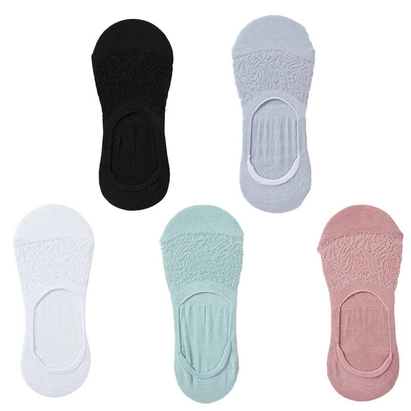 5 Pairs Women Cotton Low Cut Socks Solid Snowflake Softable Summer Silicone Non-slip Deep Mouth Prevent Heel Loss Slipper Socks
