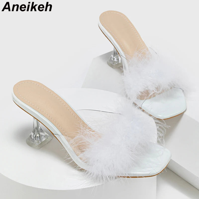 Aneikeh Elegant Sexy Feather Decorative Sandals Slippers Women's Square Head Open Toe PVC Transparent Kitten Heel High Heels