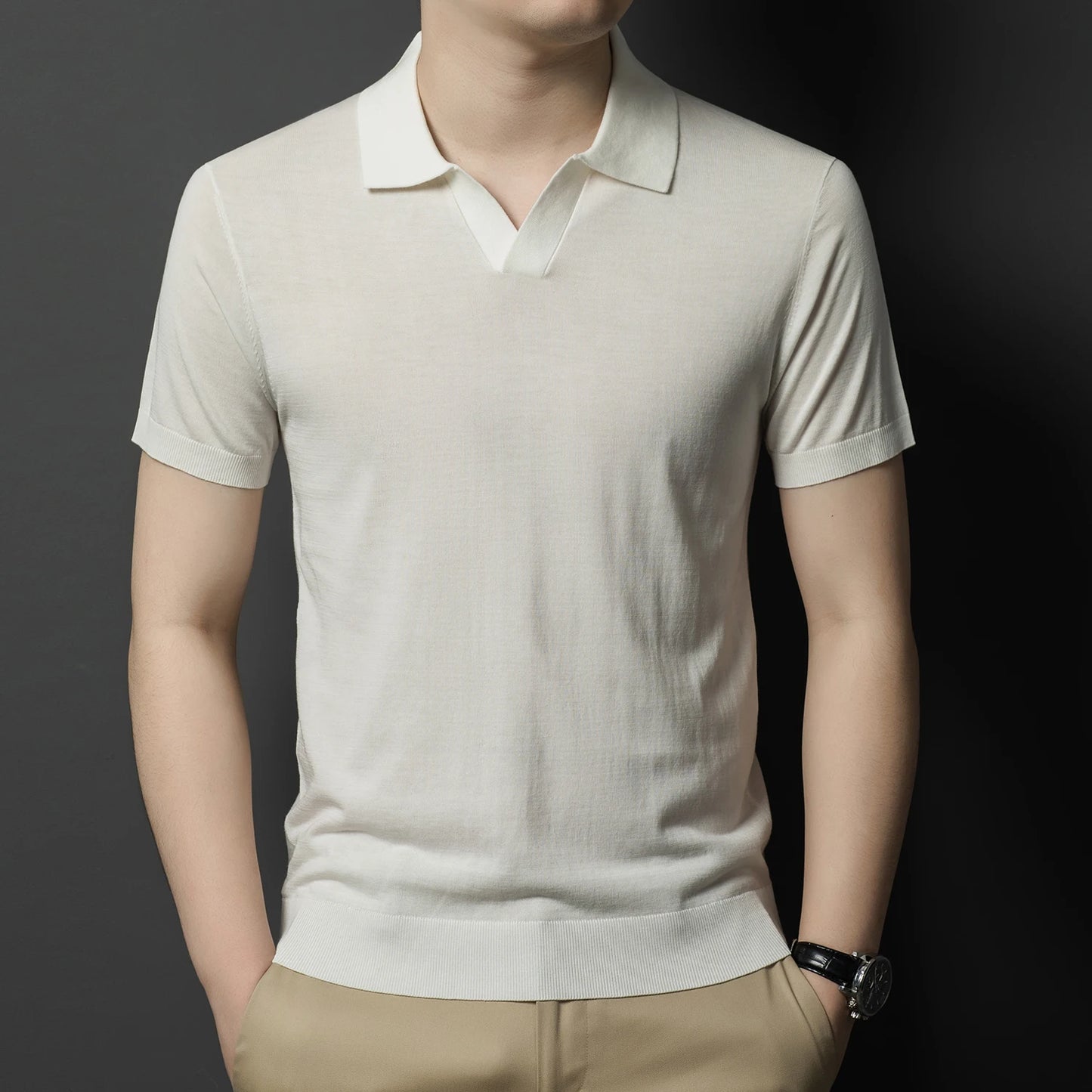 Men's Mulberry Silk Knit Polos 2024 Summer Classic Turn Down Color Lyocell Cotton Knitwear Short Sleeve Thin Knit Tee Shirts