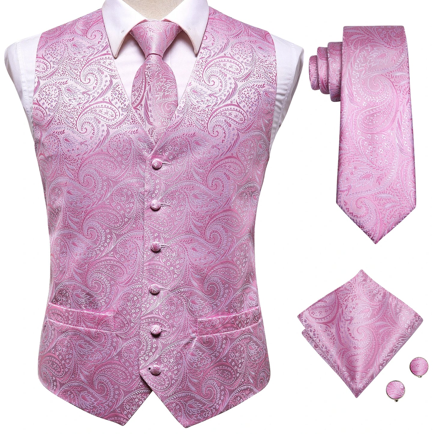 Hi-Tie Wedding Coral Pink Mens Vest Silk Tie Set Adjustable Jacquard Waistcoat Jacket Necktie Hanky Cufflinks Formal Party Gifts